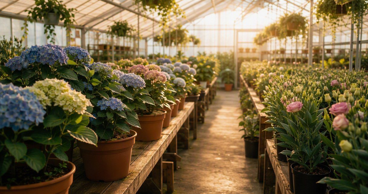 Estufa de produção de flores ornamentais com vasos em bancadas